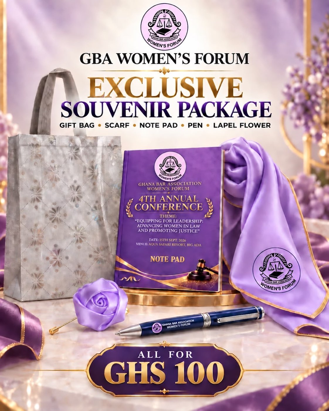 Exclusive conference souvenir package: gift bag, scarf, note pad, pen and lapel flower